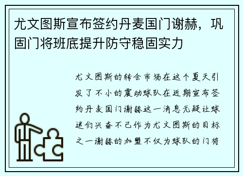 尤文图斯宣布签约丹麦国门谢赫，巩固门将班底提升防守稳固实力