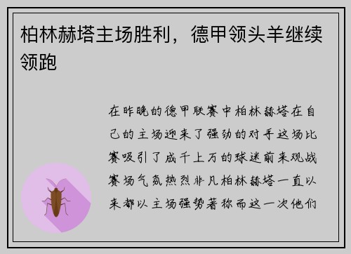 柏林赫塔主场胜利，德甲领头羊继续领跑