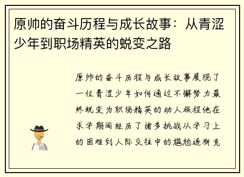 原帅的奋斗历程与成长故事：从青涩少年到职场精英的蜕变之路